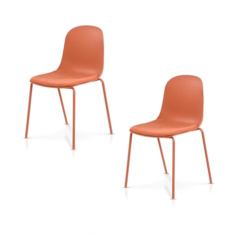 KHG 2er Set Esszimmerstühle Küchenstuhl stapelbar - Kunststoff Sitzschale mit Polsterung & Flachgewebe, Metallgestell Ton in Ton, minimalistisches Design, bis 120 kg belastbar - Orange