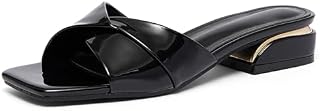 Women'S Patent Leather Chunky Heeled Slides Sandals Comfortable Stylish Square Toe 1.18IN Low Block Heel Open-Toe Mules For Party Wedding Causal Work Office Summer Slippers