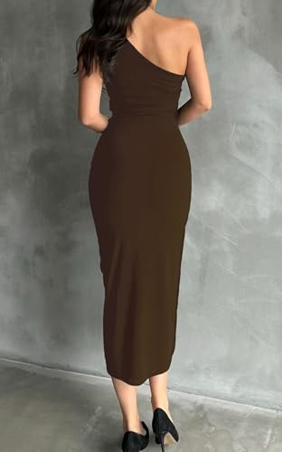 Image of Womens' Sexy Summer One Shoulder Bodycon Long Stretchy Skin Tight Side Slit Date Night Dresses