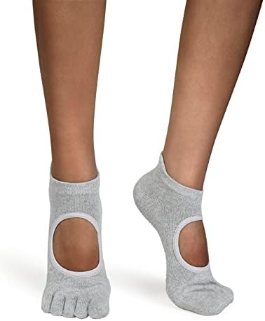 ODODOS Yoga Socks for Women Girls, Non-Slip Cotton Full Toe Socks with Grips for Pilates, Dance, Barre, Fitness and Ballet, Gray, Small-Medium