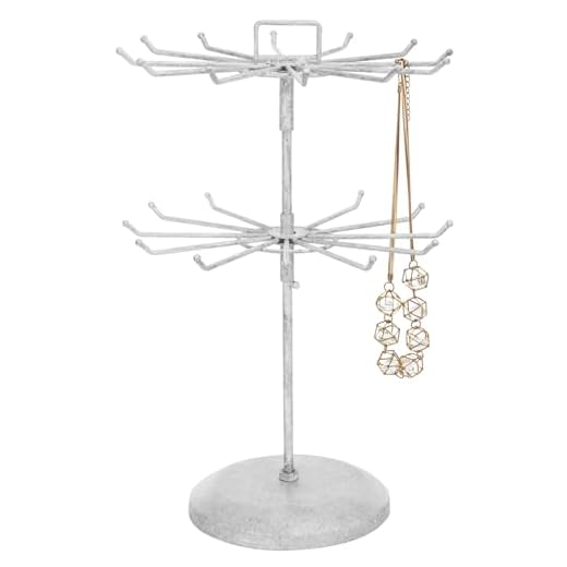 MyGift 2 Tier White Metal Rotating Necklace and Bracelet Organizer Jewelry Stand with 24 Hooks, Multipurpose Accessory and Keychain Spinning Display Rack with Top Handle Card Holder