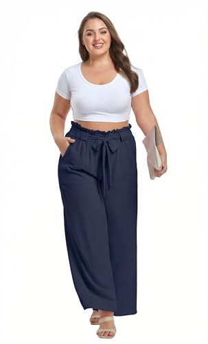 Image of OLRIK Women's Plus Size Pants Adjustable High Waisted Wide Leg Palazzo Pants Casual Trousers with Pockets Spring Clothes
