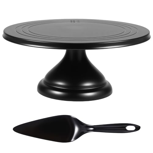 BETIMFAN 12 Inch Cake Stand, Round Cake Holder with Spatula, Cakes Plate with Detachable Base, Dessert Table Display Set, Cupcake Decorating for Birthday Parties, Weddings, Baking (2 Pack)(Black)