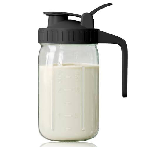 Image of Breast Milk Pitcher, Mason Jar 32 oz, Wide Mouth Jar with Green Flip Cap Lid and Pour Spout, Heavy Duty Airtight Seal for Freshness and Convenience, Great for Cold Beverages and Home Entertaining