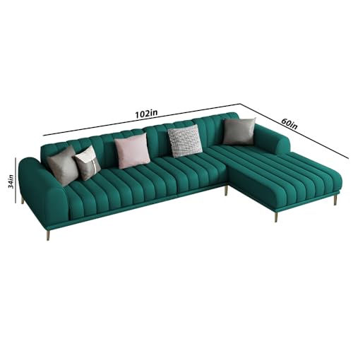 Image of Casaliving Herrick RHS 6 Seater L Shape Sofa Set with 2 Puffy for Living Room (Pine Colour) Premium Velvet Fabric Sofa Set for Living Room