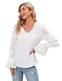 Damen Bluse Langarm Blusenshirt Chiffon Hemd V-Ausschnitt Elegant Hemd Casual Oberteile Tops Business Tunika T-Shirt,Weiß,M