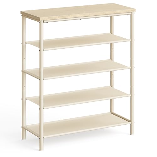 Image of VASAGLE Shoe Rack, 5-Tier Shoe Storage Organizer for Entryway and Closet, Holds 12-16 Pairs of Shoes, 4 Fabric Shelves, Steel Frame, Modern, Natural Beige and Pearl White ULBS036K01