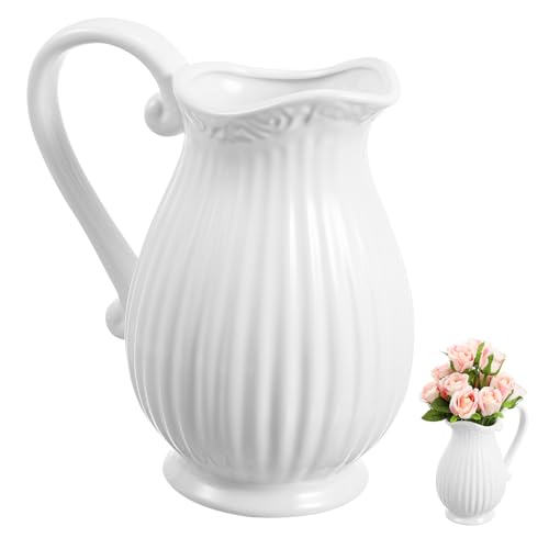 PRETYZOOM 1Pc Ceramic Pitcher Vase Simple Striped Flower Pot for Floral Arrangements Decor Accent for Dried Artificial Flowers Desktop Kitchen Decoration