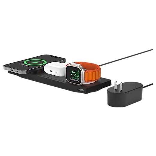 Belkin[Apple公認] 3 in 1 MagSafe充電器 最大15W高速充電 ワイヤレス充電器 MagSafe公式認証 iPhone 16 / 15 / 14 / 13 / 12 Apple Watch 8/7/Ultra 高速充電対応 AirPodsワイヤレス充電対応 ブラック WIZ016dqBK