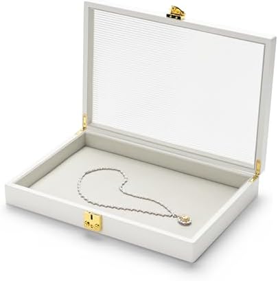 Oirlv White Premium Leather Jewelry Organizer Tray with Clear Lid Lockable Jewelry Box Necklace Holder Box for Women(Creamy-white Interior) Flat