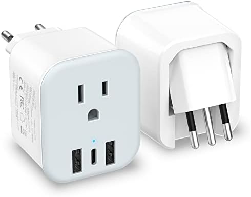 2 Pack European Travel Plug Adapter Foldable Type C/L 2 in 1 Europe Italy Power Plug Adapter with 3 USB (1 USB C Port) 1 AC Outlets Travel Essentials for Most of EU Italy France Germany Spain