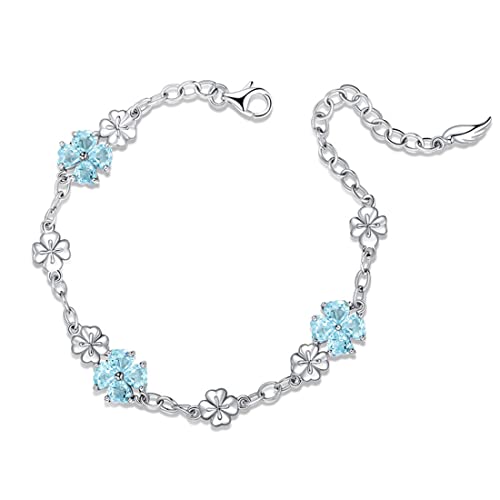 Image of JIANGXIN Lucky Four leaf clover 925 Sterling Silver Birthstone Chain Link Bracelet for Women Gemstone Jewelry Shamrock Birthday Gift 16+4cm