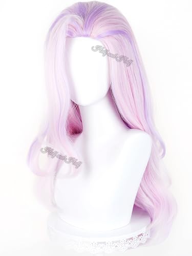 Image of Takako Uro Cosplay Wig Long Curly Pink and Light Purple Anime Wig for Women Vibrant Pink Wigs with Long Side Part Bangs for Halloween Party Daily
