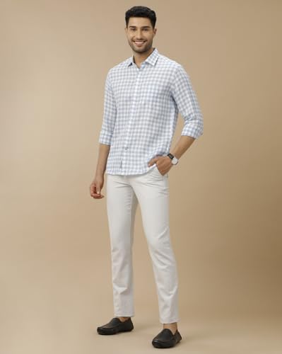 Image of Linen Club Men's Pure Linen Blue Checked Contemporary Fit Half Sleeve Casual Shirt