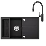 CECIPA Lavello Cucina 1 Vasca in Granito Nero - 78x45 cm con Rubinetto Estraibile, Vasca Singola con Cestello, Installazione Reversibile, Include Sifone e Gruppo di Scarico