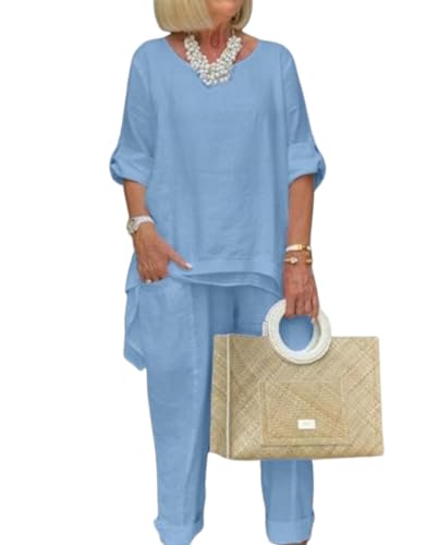 Stylish Blue Linen Pants Suit for Women - BIVENANT 2 Piece Dressy Cotton Set in 3X-Large