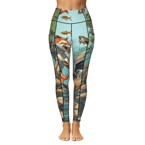 Pantalones de yoga con bolsillos Wild Animal Hunting Fish 03 cintura alta 2
