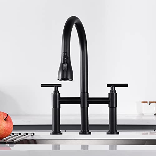 Arrisea Matte Black Bridge Kitchen Faucet With 3 Mode Pull-Down Sprayer 2 Handle 8 Inch Faucet For Kitchen Sinks 3 Hole Kitchen Sink Faucet, Fingerprint Resistant Spot Free Bl-Bkf-15108Bk #TOP22