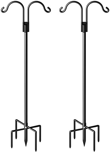 Double Shepherds Hooks for Outdoor, Heavy Duty Bird Feeder Pole with 5 Prong Base, Adjustable Shepards Hook for Outside, Garden, Weddings, Hanging Plant, 2 Pack