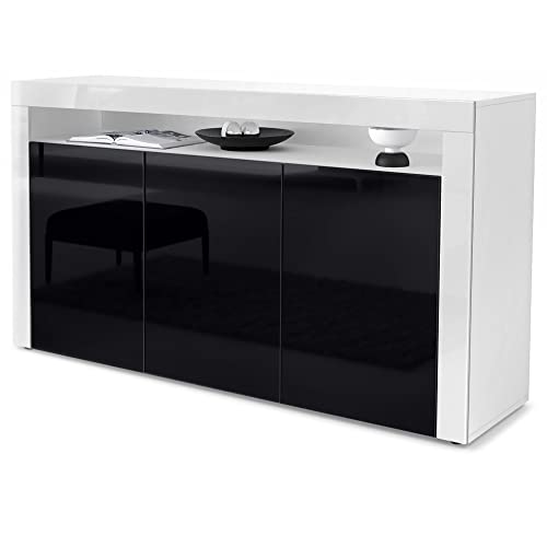 Vladon Buffet Valencia, Commode avec 3 Portes et 1 Compartiment Ouvert, Blanc Mat/Noir Haute Brillance/Blanc Haute Brillance (155 x 92 x 40 cm)