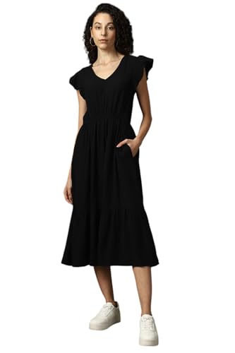 Image of High Star Women Cotton Solid Regular fit V-Neck Sleeveless Dresses