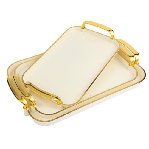Serving Tray with Handles Set of 3 Rectangular Large Serving Platters 16.5/14.9/13.2 Inch White Plates for Dinner, Party, Entertaining, Cream Gold