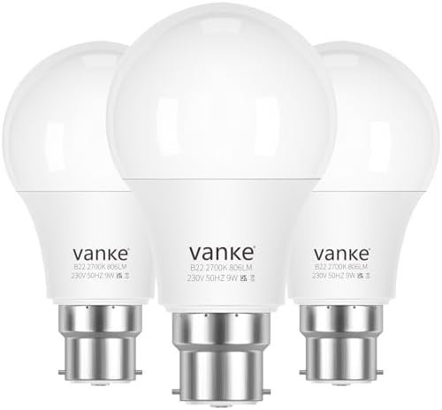 Vanke Bayonet Light Bulb, 9W(60W Equivalent), Warm White 2700K, 3-Pack