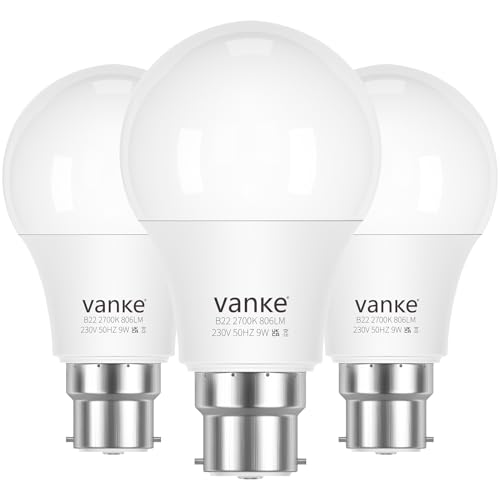 Vanke Bayonet Light Bulb 60w Equivalent, B22 LED Bulbs Warm White 2700K, Non-Dimmable 9w Energy Saver Lightbulb, 806 Lumen, 3-Pack