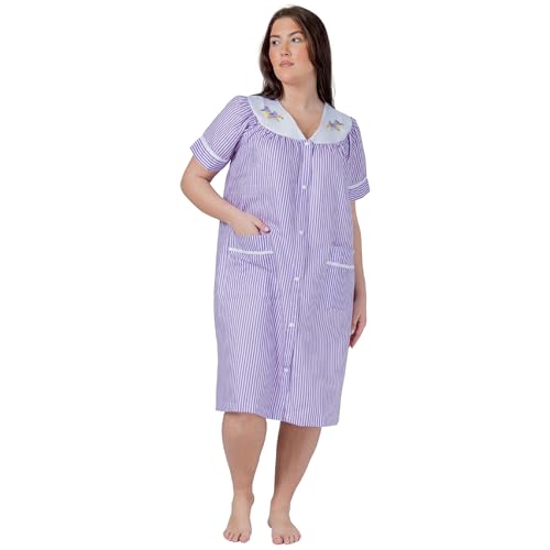 Image of Women's Short Sleeve Woven Snap-Front Closure Striped Embroidery Housecoat Duster Nightgown with Front Pockets