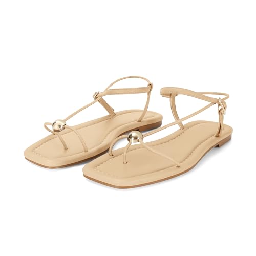 Image of Strappy Flat Sandals for Women Comfortable Open Square Toe Slingback Sandals Dressy Beach Thong Flip Flop Slides Sandals