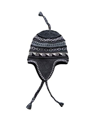 Alpacaandmore Unisex Chullo Mütze Strickmütze Alpakawolle dick gestrickt grau mit Vlies gefüttert Inka Muster Einheitsgröße Cover