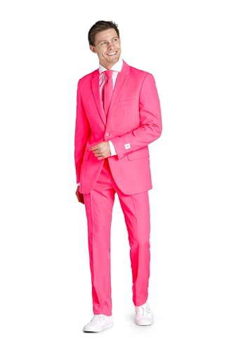Opposuits Neon Colored Suit for Men - Neon Theme Party Outfit - Slim Fit - Including Jacket, Pants & Tie - Pink
