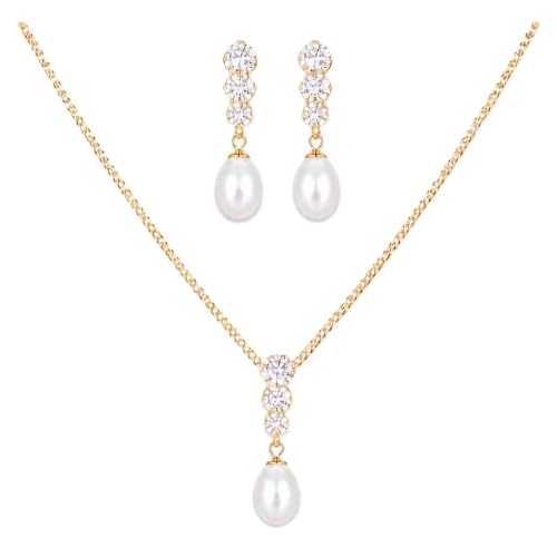 Image of Pearl Necklace and Earrings Set, Gold Bridal Jewellery Set for Women