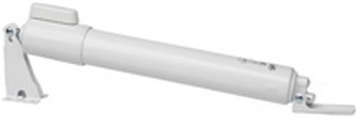 White pneumatic door closer with mounting brackets and a hold-open button.