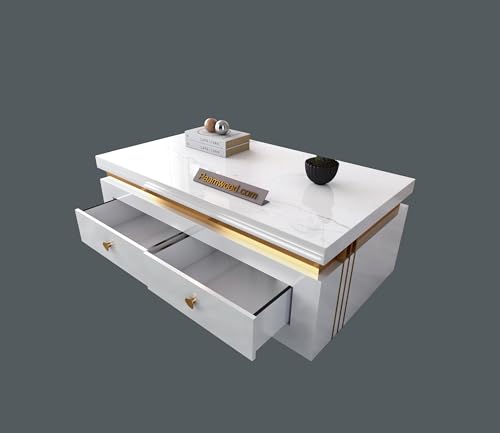 Image of Premium Marble-Top Wooden Center Table for Living Room | Coffee Table | Contemporary Design Craftsmanship (White with Drawer -42x24x17 Inch)