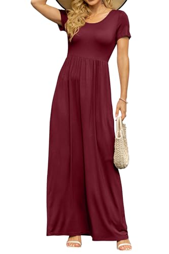 Image of DB MOON Womens 2026 Summer Maxi Dresses Casual Short Sleeve Empire Waist Spring Long Dress with Pockets
