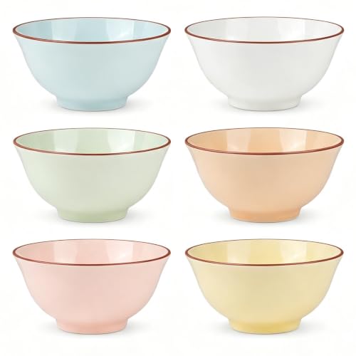 Cereal Bowls Ceramic Bowl Set - Soup Bowls Set of 6 with Candy Hue - Colorful Kitchen Bowls for Serving Salad | Oatmeal | Ramen | Pho | Noodle - Microwave and Dishwasher Safe - 6.25" W x 3" H - 23 OZ
