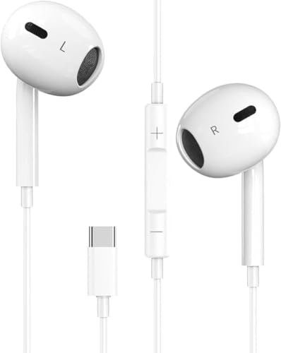 USB C Headphones, Type C Headphones Wired in Ear Earbuds with Mic & Volume Control Noise Cancelling for iPhone 15/16/17,iPad,Samsung Galaxy S25/S24/S23/S22/S21,Pixel 7/6,White