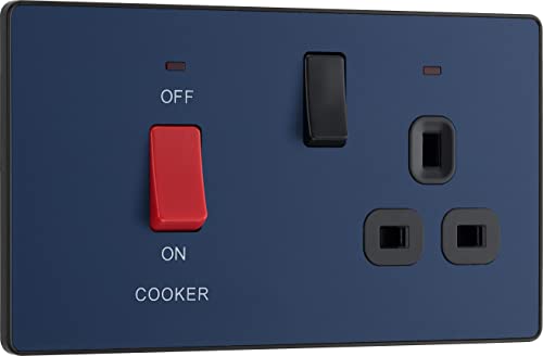 BG Electrical Cooker Switch with Socket and LED, Cooker Control Unit, Control Socket, Double Pole, Screwless Front Plate, Evolve, Matt Blue, 45A, PCDDB70B