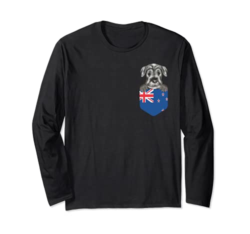 New Zealand Flag Standard Schnauzer Dog In Pocket Long Sleeve T-Shirt, Black