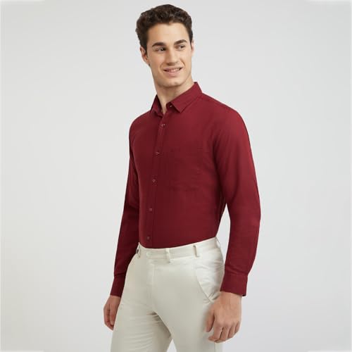 Image of Raymond Men Slim Fit Solid Pattern Linen Cotton Blend Regular Collar Full Sleeve Casual Shirt