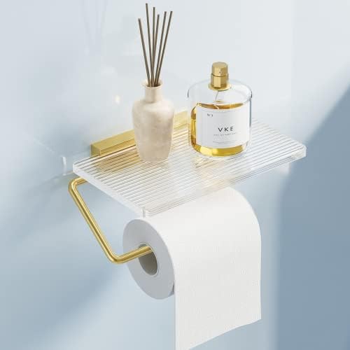DIHAF Gold Toilet Paper Holder with Shelf,Brushed Wall Mount Bathroom Accessory Tissue Dispenser with Crystal Acrylic Shelf, Luxury Paper Roll Holder for Rv,Hotel,Club,Family