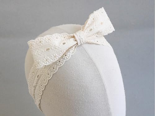 Handmade Ivory Eyelet Lace Bow Headband for Baby Girls, Soft Stretchy Band Fits 6-12 Months, Boho Vintage-Inspired Baby Hair Accessory
