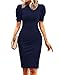 Cicy Bell Women's Puff Sleeve Bodycon Work Dresses Crew Neck Business Casual Office Pencil Dress Navy Blue