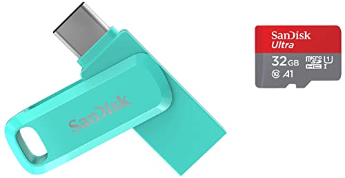 Image of SanDisk Ultra Dual Drive Go 64GB USB 3.0 Type C Pen Drive for Mobile (Mint Green, 5Y) & Ultra microSD UHS-I Card 32GB, 120MB /s R