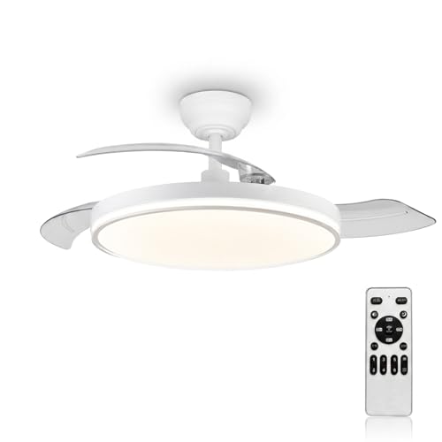 MARSI Ventilatore da Soffitto con Luce e Pale Retrattili 106cm, Lampadario Ventilatore Silenzioso con Telecomando, Motore DC Reversibile, 6 Velocità, LED Dimmerabile, per Camera da Letto e Soggiorno