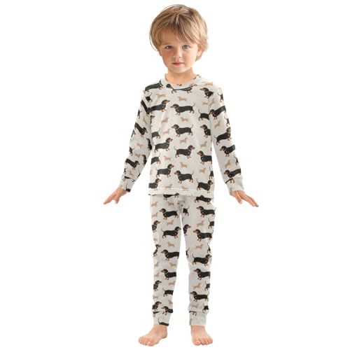 Black Dachshund Pattern Cute Pajama Sets Long Sleeve Top and Pants, Snug Fit Sleepwear for Night Wears3