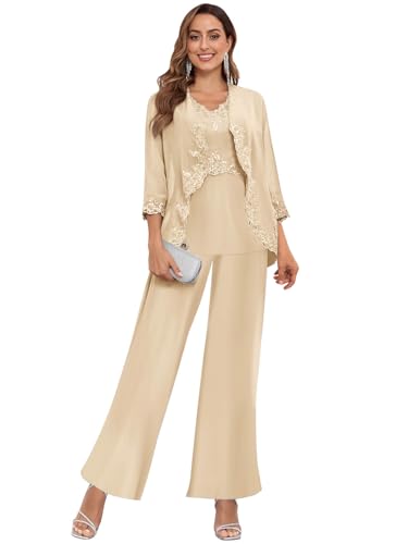 YMeiPaodw Elegant 3 Pieces Mother of The Bride Pant Suits with Jacket Long Sleeve Champagne Chiffon Formal Pants Suits for Women Size 16