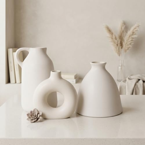 Image of Modern Ceramic Flower Vase Set of 3 | Nordic Donut & Jug Design Decorative Vases | Matte White Home Decor for Living Room, Table, Shelf, Office | Pampas & Dried Flower Vase