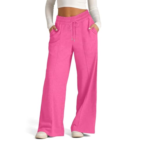 EIRUKON Pantalon Chandal Mujer Anchos Pantalon Deporte de Jogger Pantalones Elásticos de Cintura Alta con Cordón y Bolsillos Suaves Ligeros Pantalón,Rosa Brillante,L